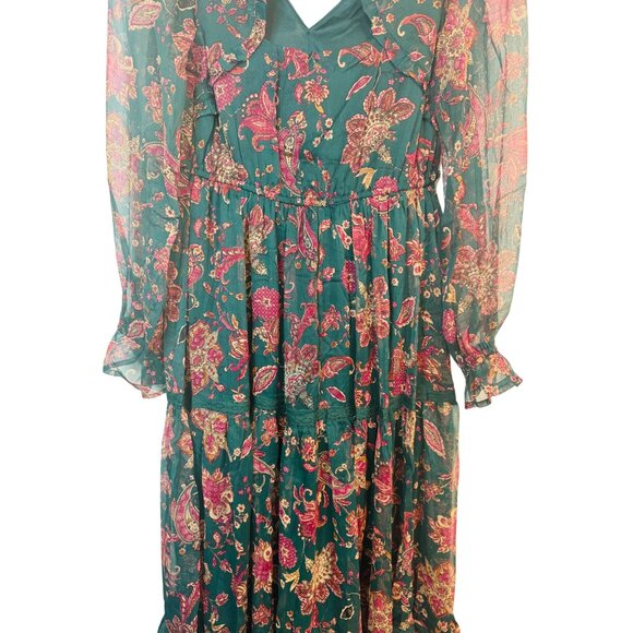 Bohemian Small Paisley Long Sleeve Dark Green Band Of The Free Floral Print Maxi - Picture 9 of 16